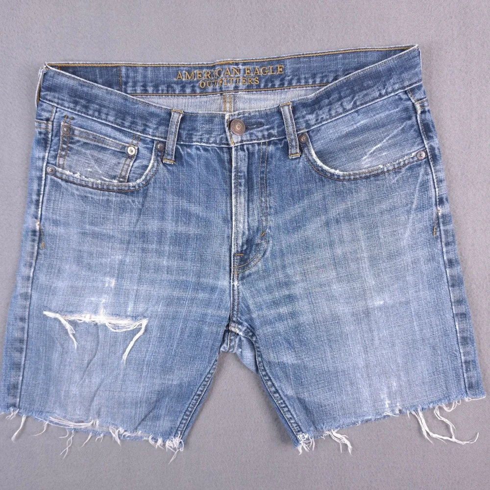 American Eagle Outfitters Mens Blue Distressed Straight Cutoff Shorts 32